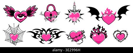 Goth heart tattoos set isolated on white. Vector illustration of black and pink love symbols y2k design decorated with eye, devil wings, lock, candle, spider web, wire, flame, old school punk stickers Stock Vector