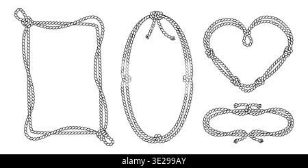 Nautical rope frames set isolated on white background. Vector illustration of oval, heart, rectangle shape borders with marine knots and cord texture, hand drawn sketch, pirate design elements Stock Vector
