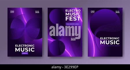 Electro music fest posters collection. Vector illustration of abstract purple geometric patterns and invitation text on dark background, night club party banners set, futuristic dance event brochure Stock Vector
