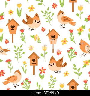 Seamless pattern with birds, flowers and birdhouses Stock Vector
