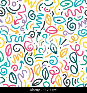 Bright colorful seamless pattern. Multicolored squiggles, dots, waves, swirls on white background. Freehand drawn print for textiles, wallpaper, cover Stock Vector
