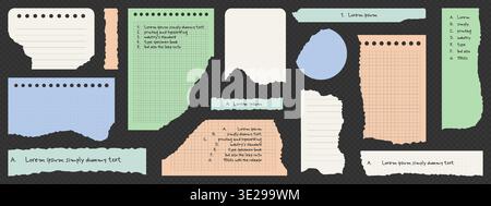 Torn notebook paper pieces set isolated on transparent background. Vector realistic illustration of ripped copybook pages with perforated and uneven edges, colorful school collage design elements Stock Vector