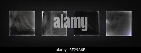 Vinyl plastic wraps with realistic wrinkles and creases on dark bg. Clear polyethylene film covers with glossy texture, scratches and distressed surface effects - mockup sleeves for CD album packaging Stock Vector