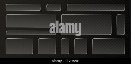 Glass liquid ui button set with transparent 3d effect - rectangle frame box elements in various sizes and proportions, glossy morphism style borders for modern interface design on dark background. Stock Vector