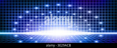 Blue tech grid background with light beam spots. Vector realistic illustration of abstract wireframe space, neon concentric circles, bright energy spark, futuristic digital technology banner template Stock Vector