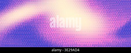 Neon pixel texture background with gradient purple and orange wave pattern. Retro bitmap dither effect with dot grain for game design. Vibrant 8bit glitch art with geometric halftone overlay. Stock Vector