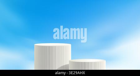 White poduim on sky bg, product platform in blue cloud. Cosmetic display summer stand, Spring nature banner. Minimal stage mockup, abstract vector Stock Vector