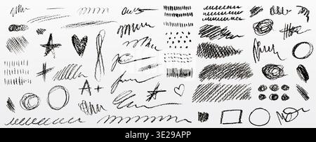 Scribble doodle set with ink pen strokes and crayon textures - hand drawn pencil lines, brush marks and rough sketches. Vector grunge scribbles with abstract squiggly shapes and charcoal effects. Stock Vector