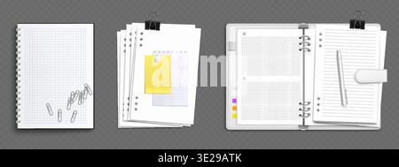 White ring binder mockup set with grid paper, colorful tabs, paperclips and notes. Open and closed notebook folder with dividers, lined sheet and pen. Realistic 3D diary stationery collection. Stock Vector