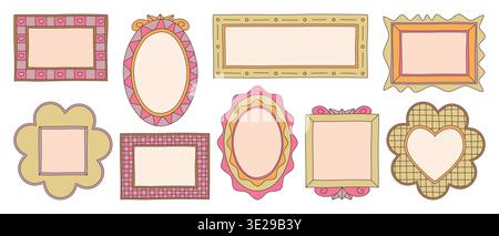 Drawn y2k frame border collection with cute wavy edge shapes and rectangle designs. Colorful vintage decorative elements with checkered patterns and textures, heart and flower motifs for retro project Stock Vector