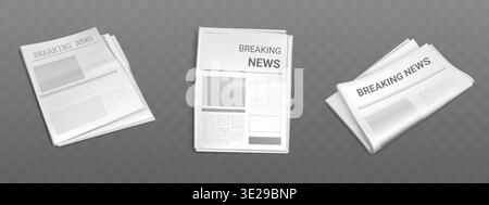 Newspaper mockup set isolated on transparent background. Vector realistic illustration of breaking news headline on blank daily paper layout with empty picture frames, vintage media, frontpage article Stock Vector