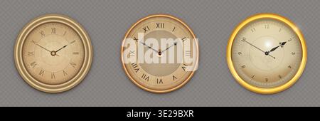 Antique watch collection, ornate golden dials and roman and arabic numerals. Elegant vintage wall timepiece set with classic decorative faces, luxury metal elements and traditional watchface designs. Stock Vector