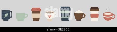 Modern flat vector set of various coffee mugs and takeaway cups. Great for cafe website banners, social media headers, and restaurant menu design. Stock Vector
