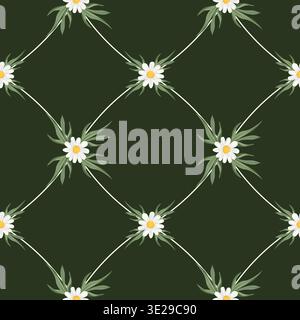 Elegant seamless vector pattern with white daisy flowers in a geometric diamond grid on a dark forest green background. Ideal for textile and decor. Stock Vector