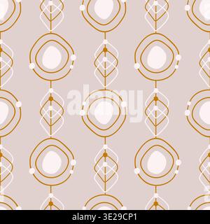 Seamless Mid-Century Modern Geometric Pattern with Abstract Gold Circles and Diamond Shapes on Beige Background. Vector illustration Stock Vector