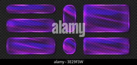Glass frames with purple neon light, Glass 3d neon buttons with glare and glowing elements, Text boxes for web design Stock Vector