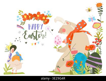 Easter Card with Flowers, Bear and Easter Eggs Stock Vector