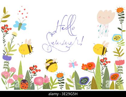 Cute Cartoon Frame with Summer Flowers, Plants and Bees Stock Vector