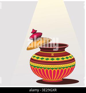Traditional Indian Decorative Pot with Swastika Symbol Stock Vector