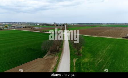 Aerial view of a long, straight road slicing through vibrant green fields and brown earth under a vast sky, leading towards distant buildings, Sremska Stock Photo