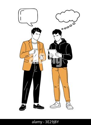 Two men stand side by side engaged in conversation Stock Vector