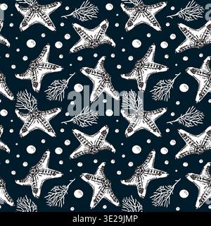 Seamless starfish pattern. Summer marine animal background design. Marine concept. Fresh ocean design for textile, wallpaper, fabric and interior Stock Vector