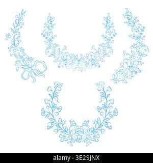 Floral frames with flowers, twigs and leaves. Vector illustration. Hand-drawn wreaths of plants with bows and ribbons in linear style, isolated on Stock Vector