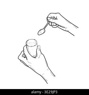 Hands holding a salt shaker and spoon, hand-drawn sketch. Vector illustration. Simple food preparation drawing isolated on background. Concept for Stock Vector