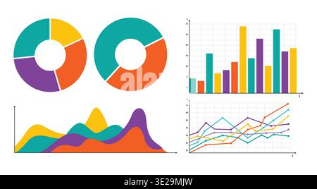 Modern Business Infographic Elements with Colorful Pie Charts Bar Graphs and Data Analysis Charts Stock Vector