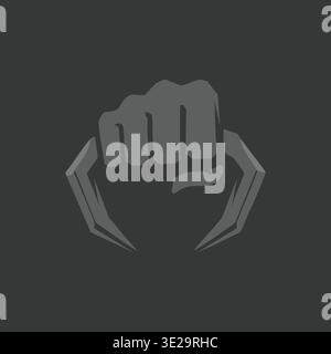 Bold emblem style illustration of a raised fist centered within an angular claw like frame on a dark background. Stock Vector
