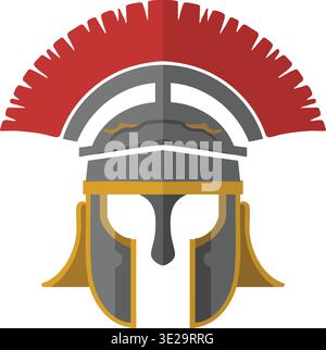 Stylized front view illustration of a classical soldier helmet with a tall red plume and protective cheek guards. Stock Vector