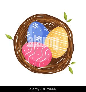 Easter colorful decorated eggs in the bird nest. View from above. Vector illustration in flat cartoon style. Stock Vector