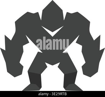Bold geometric illustration of a stone golem character standing in front view with large arms and angular body plates. Stock Vector