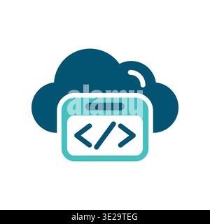 A cloud with a code window represents software development in a hosted environment. This graphic suits developer tools, web platforms, application das Stock Vector