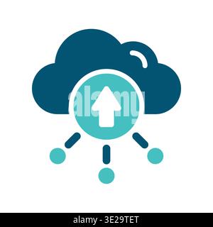 A cloud with an upward arrow and connected nodes represents cloud service deployment and data flow. This graphic suits hosting platforms, software das Stock Vector