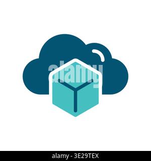 A cloud with a cube represents virtualization and abstract cloud resources. This graphic suits infrastructure dashboards, hosting services, datacenter Stock Vector