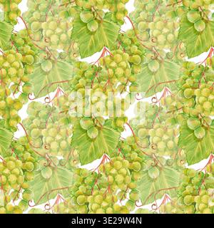 Watercolor seamless pattern of green grape bunches with leaves and curly tendrils isolated on white. Perfect for kitchen textiles, juice packaging, wi Stock Photo