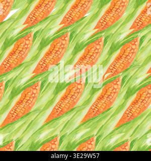Watercolor seamless pattern of golden corn cobs with green leaves arranged in diagonal rows isolated on white background. Great for kitchen fabric, fo Stock Photo