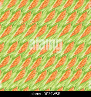 Watercolor seamless pattern of golden corn cobs with green leaves arranged in diagonal rows isolated on white background. Great for kitchen fabric, fo Stock Photo