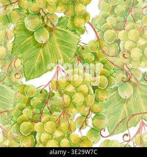Watercolor seamless pattern of green grape bunches with leaves and curly tendrils isolated on white. Perfect for kitchen textiles, juice packaging, wi Stock Photo