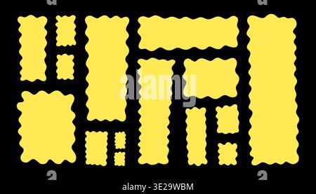 Wavy rectangle set of bold yellow abstract frames with smooth organic curves. Modern flat vector collection of liquid text boxes, playful blobs and geometric shapes isolated on black background. Stock Vector