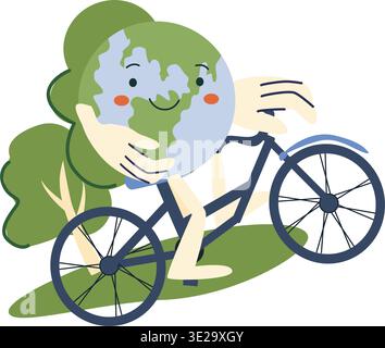 Ecology concept illustration, green transport with earth character on bike. Stock Vector