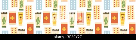 Trip first aid kit seamless pattern.Medical aid icon texture. Seamless pattern with repellent cream and pills, skin care cream. Stock Vector