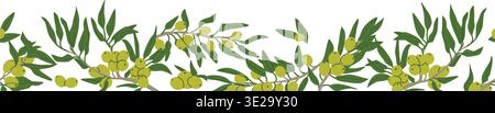 Horizontal border of olive branch, cartoon flat vector illustration. Seamless border pattern of green olive fruits. Olive tree texture illustration wi Stock Vector