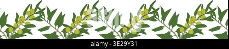 Olive leaves decorative border band in retro cartoon style. Hand drawn Mediterranean plant branch with olives, elegant botanical ornament for menu, pa Stock Vector