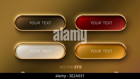 Set of elegant 3D buttons with glossy golden frames in various colors for web design. Vector illustration Stock Vector