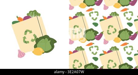 Eco bag with fresh vegetables and grocery products from supermarket. Zero waste lifestyle concept, reusable shopping tote, environmental protection il Stock Vector