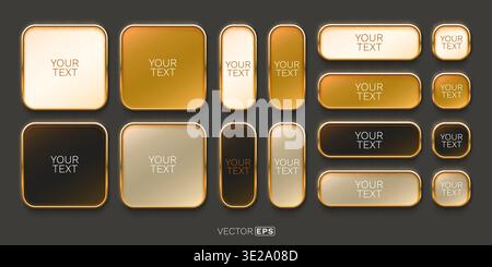 Set of elegant golden web buttons and frames. Glossy UI elements with golden borders and various shades. Perfect for modern design projects, user interface, or premium banners. Vector illustration Stock Vector