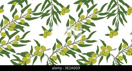 Green olive pattern. Summer botanical texture. Cartoon olive background isolated on white. Seamless backdrop for organic design. Stock Vector