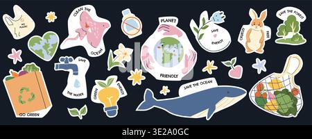 Cartoon eco stickers in retro style. Go green, save the ocean, recycle and protect planet concepts. Bright flat vector illustrations isolated on white. Stock Vector